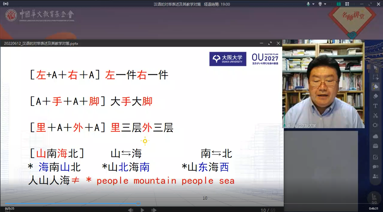 【名师讲堂】日本大阪大学人文学研究科古川裕教授全球直播分享《汉语的对举表述及其教学对策》